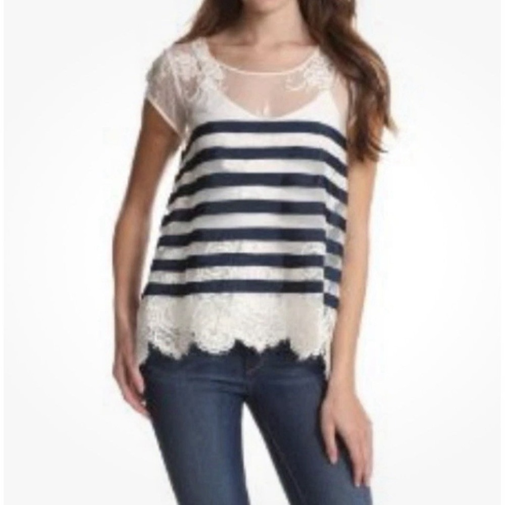 BCBG MAXAZRIA DARK INK COMBO ECHO LACE STRIPED TOP Women's Size Medium Sheer